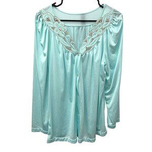 Shadowline Aqua Blue Long Sleeve Embroidered Button Down Satin Pajama Top Sz 42